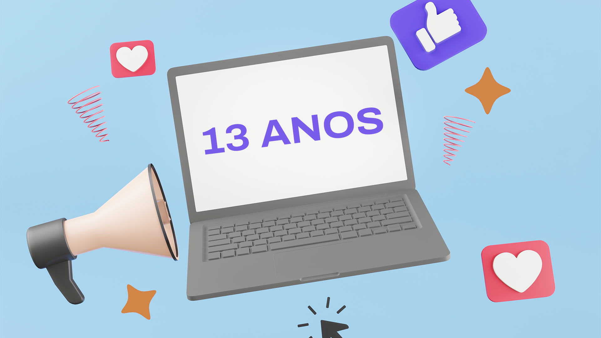 Imagem 3D colorida com elementos de mídia digital e redes sociais, destacando a mensagem "13 ANOS" em um notebook. A composição inclui ícones de like, coração, cursor e megafone, representando engajamento, comunicação e marketing digital. Ideal para ilustrar o aniversário de uma empresa de marketing, agência de publicidade ou presença digital consolidada. Fundo azul claro transmite leveza e modernidade.