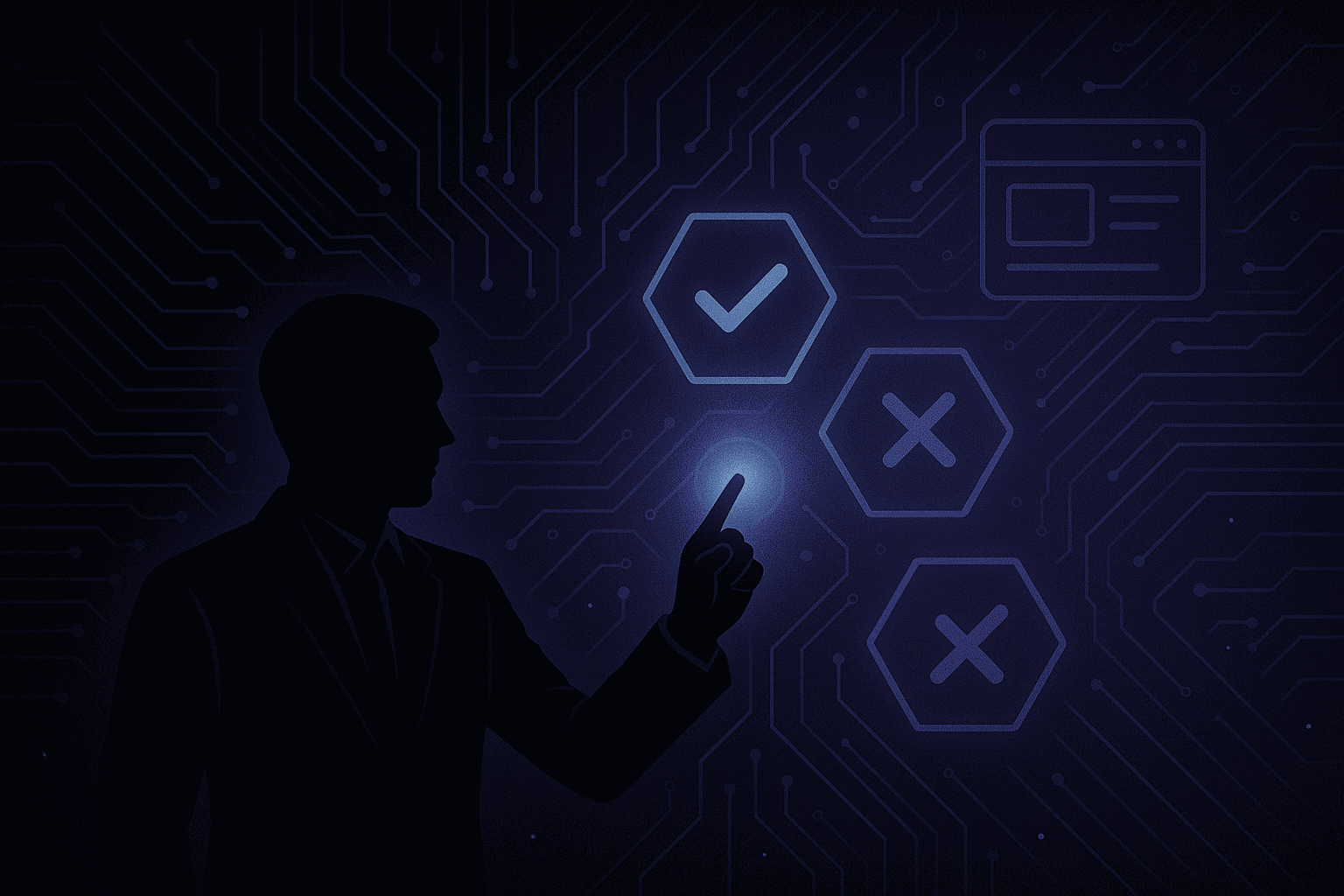 Silhueta de pessoa avaliando opções de desenvolvimento de sites em um ambiente digital com ícones de aprovação e reprovação.