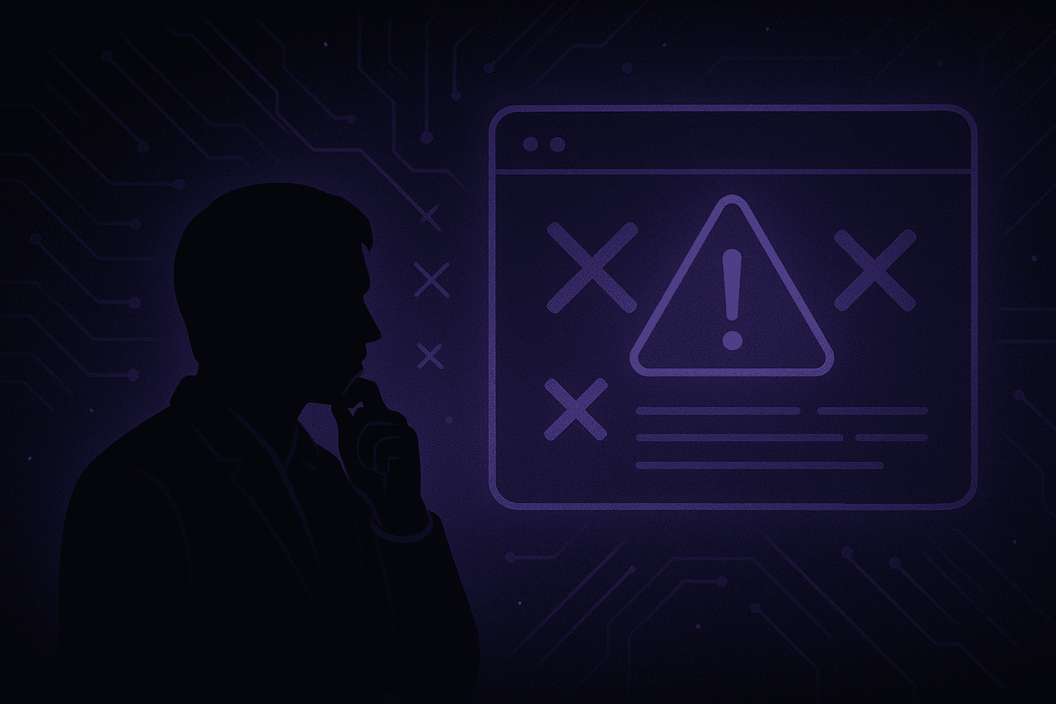 Pessoa analisando tela de computador com ícone de erro e alerta, representando erros comuns no desenvolvimento de sites.