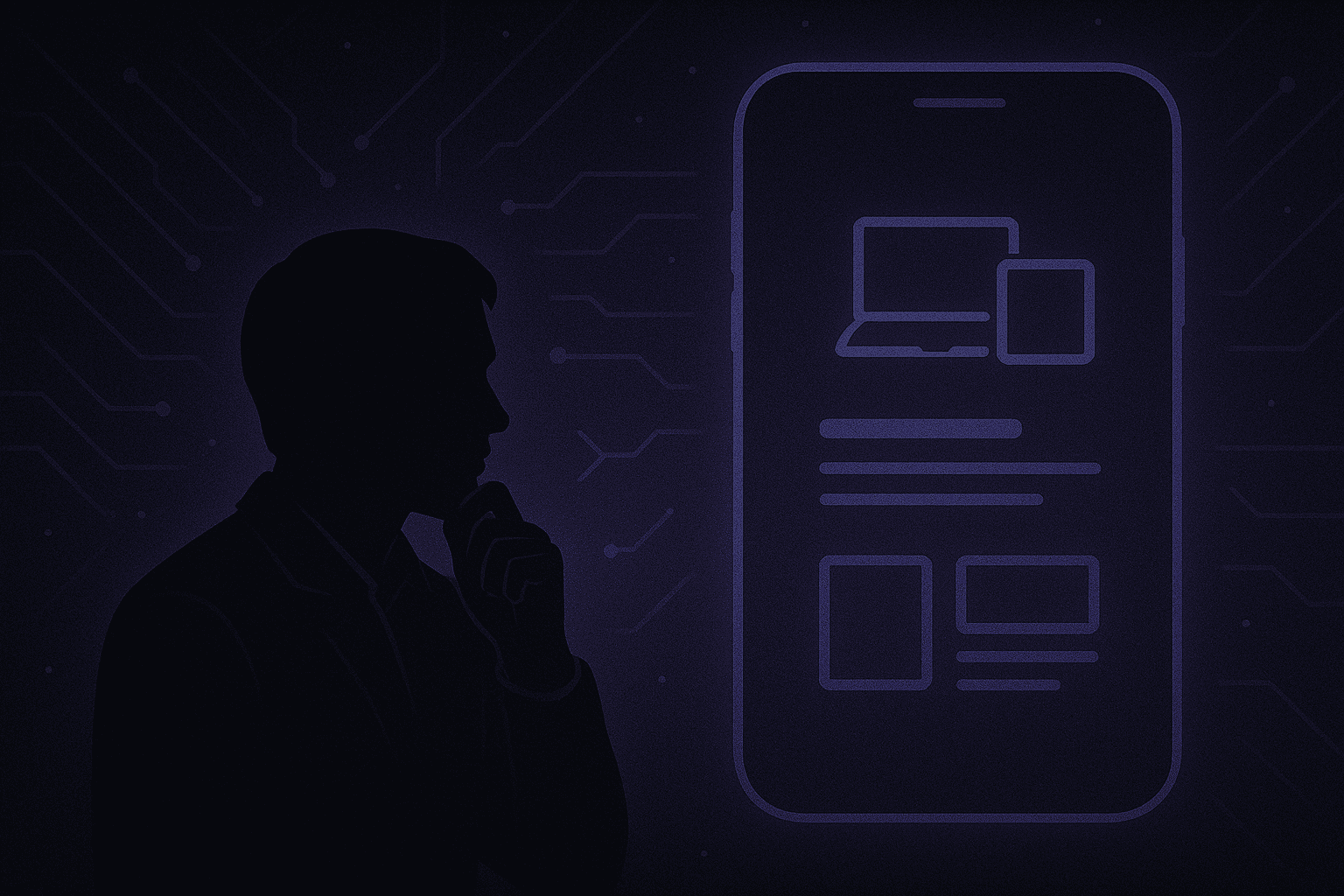Silhueta de pessoa observando design responsivo exibido em dispositivos móveis e desktop, simbolizando sites adaptáveis.