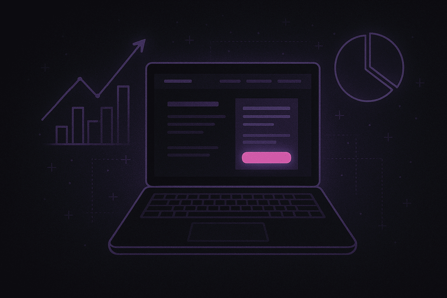 Ilustração de notebook com gráficos de desempenho e taxa de conversão, representando landing pages que geram resultados.