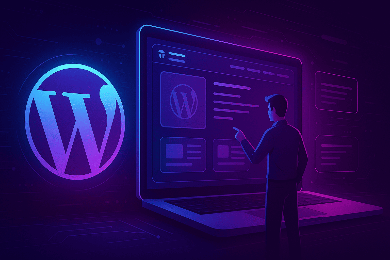 Pessoa interagindo com tela de computador exibindo o logotipo do WordPress, simbolizando o uso da plataforma no desenvolvimento de sites.