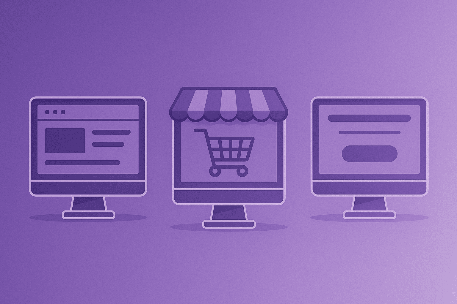 Ilustração mostrando diferentes tipos de sites, incluindo um site institucional e uma loja virtual, simbolizando a escolha do melhor modelo para empresas.