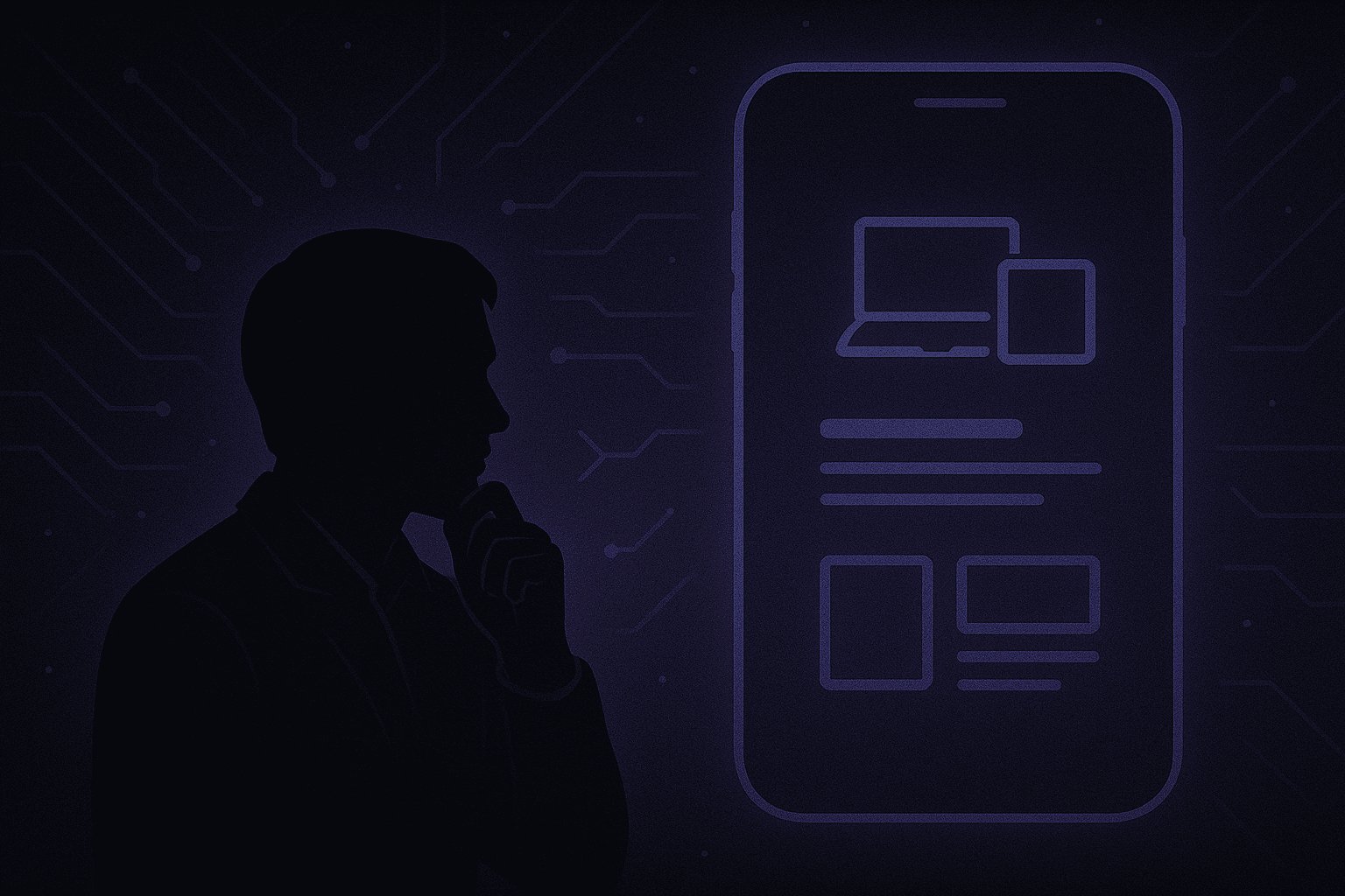 Silhueta de pessoa observando design responsivo exibido em dispositivos móveis e desktop, simbolizando sites adaptáveis.