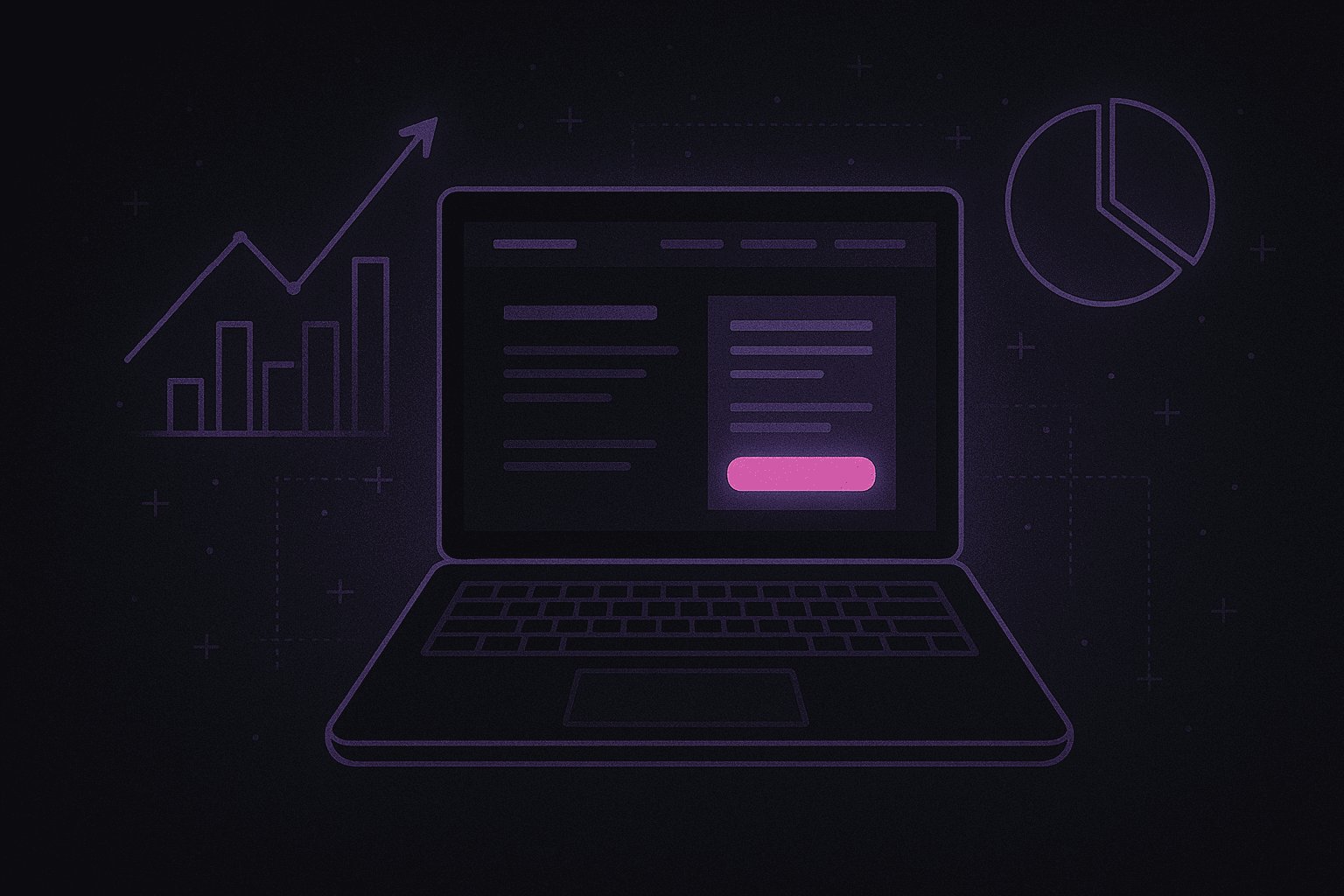 Ilustração de notebook com gráficos de desempenho e taxa de conversão, representando landing pages que geram resultados.