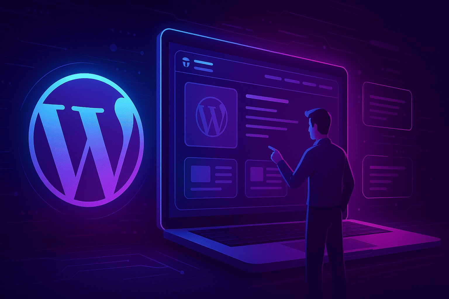 Pessoa interagindo com tela de computador exibindo o logotipo do WordPress, simbolizando o uso da plataforma no desenvolvimento de sites.